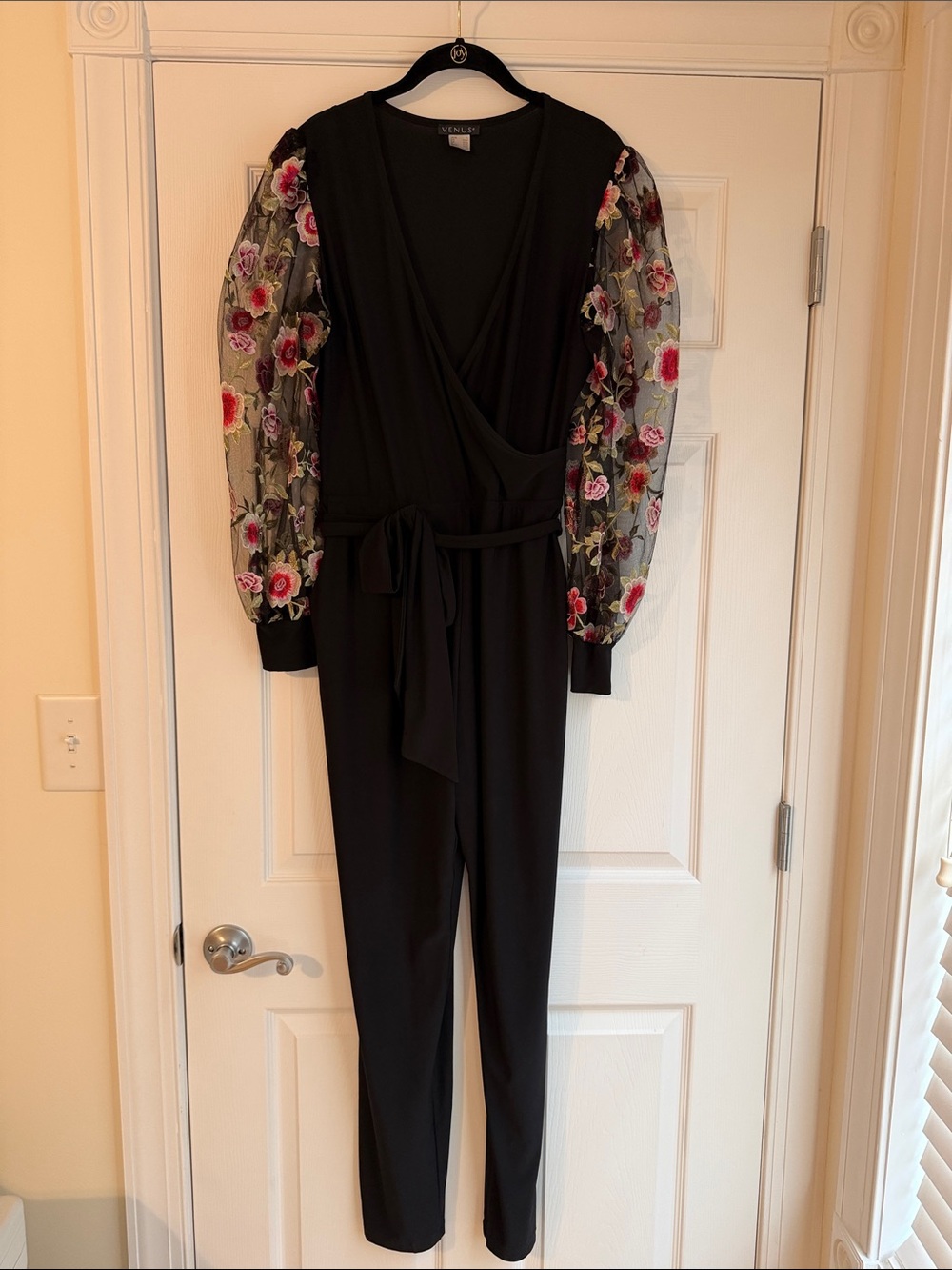 VENUS Y2K Black Jumpsuit with Embroidered Floral Mesh Sleeves